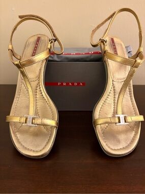 Prada Metallic Gold T-Strap Leather Sandals